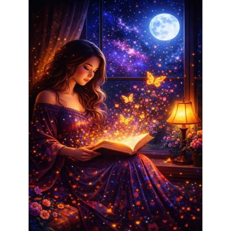 DIY Moon Night Reading Lady Diamond Painting, Dreamy Magical Character Art Scene For Living Room Wall Decoration Exquisite Gift