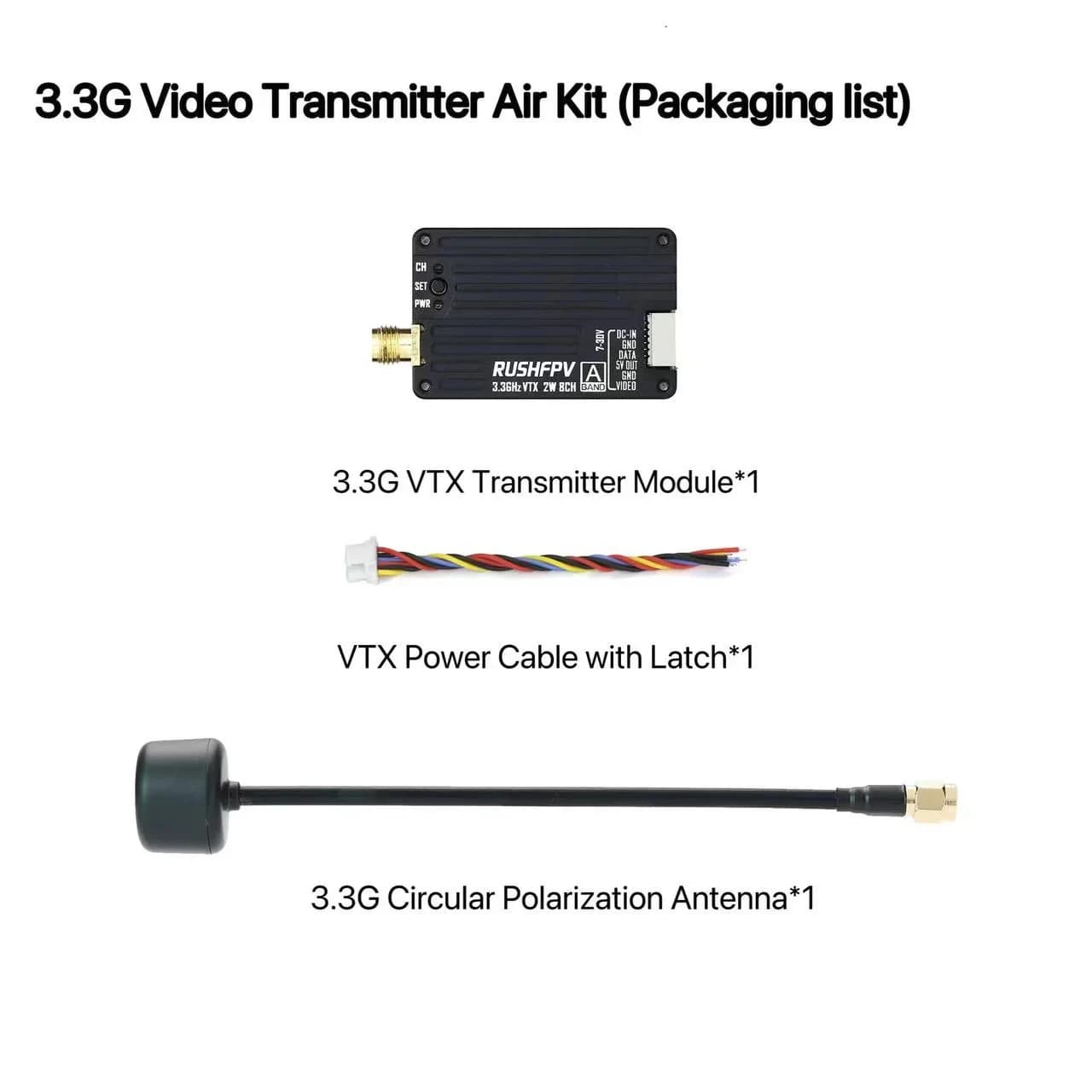 RUSHFPV 3.3G 2W VTX Trasmettitore FPV con Modulo DVR e Antenna per Droni FPV RC a Lungo Raggio