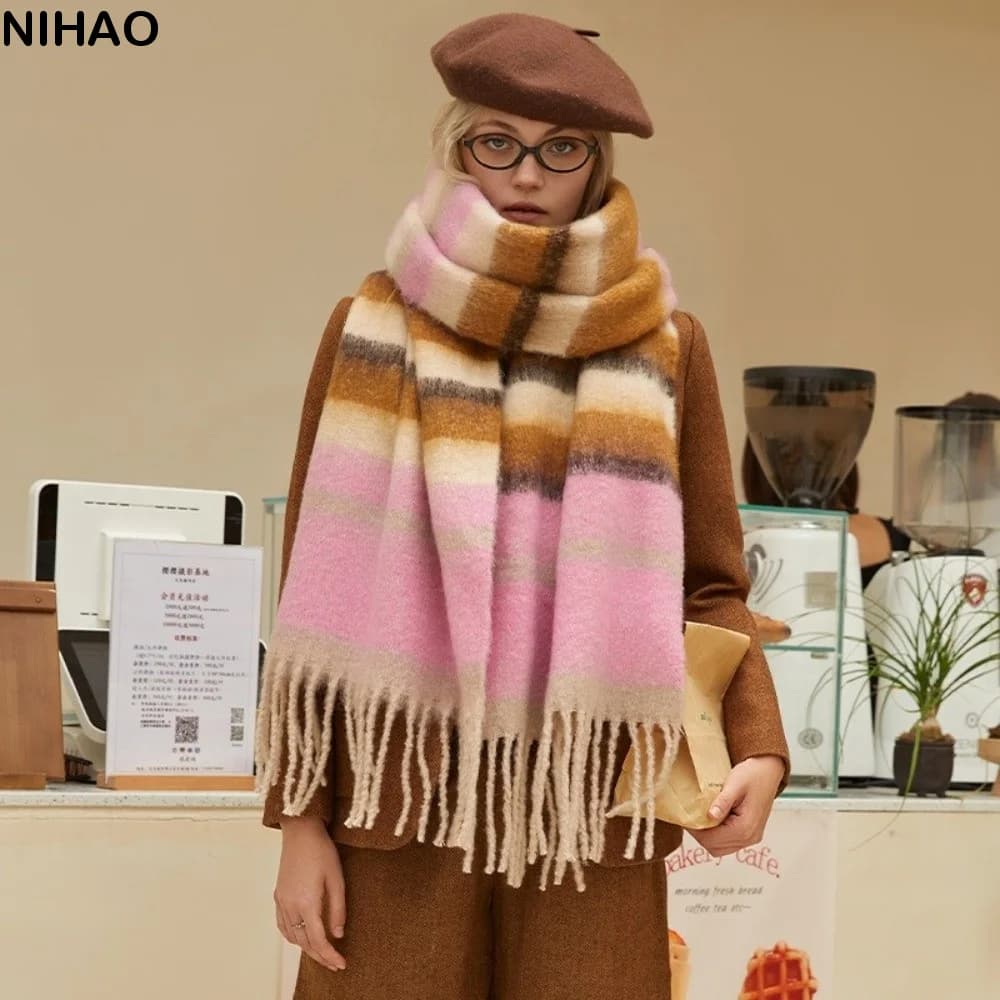 Retro Mohair Stripe Wool Scarf Plush Tassel Winter Cashmere Scarves Warm Thicken Long Shawl Women/Men