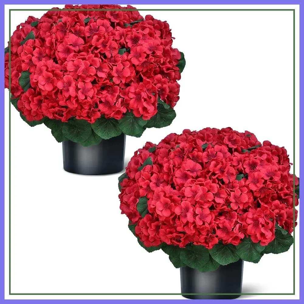 Gerani Artificiali Topiari da 18 Pollici - Set da 2 per Decorazione Portico Anteriore, Fiori Finti in Seta Resistenti ai Raggi UV, Piante in Vaso per Esterni e Interni