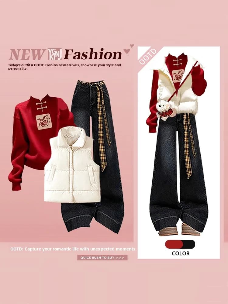 Set Tre Pezzi Invernale da Donna Taglie Forti: Gilet Rosso, Jeans e Maglione - Stile Casual e alla Moda
