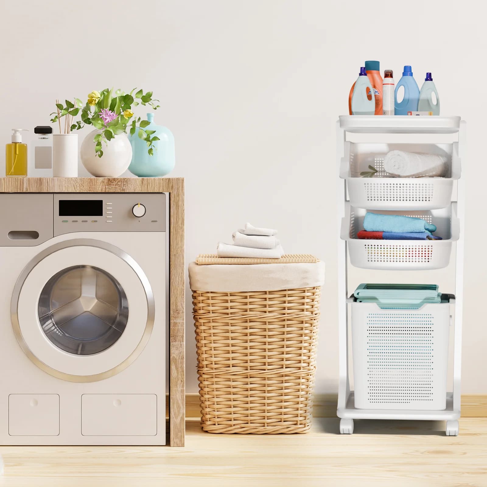 Bed linen basket Portable 2/3-level linen container for dirty clothes with 3 removable baskets and organizer for shelves with wheels