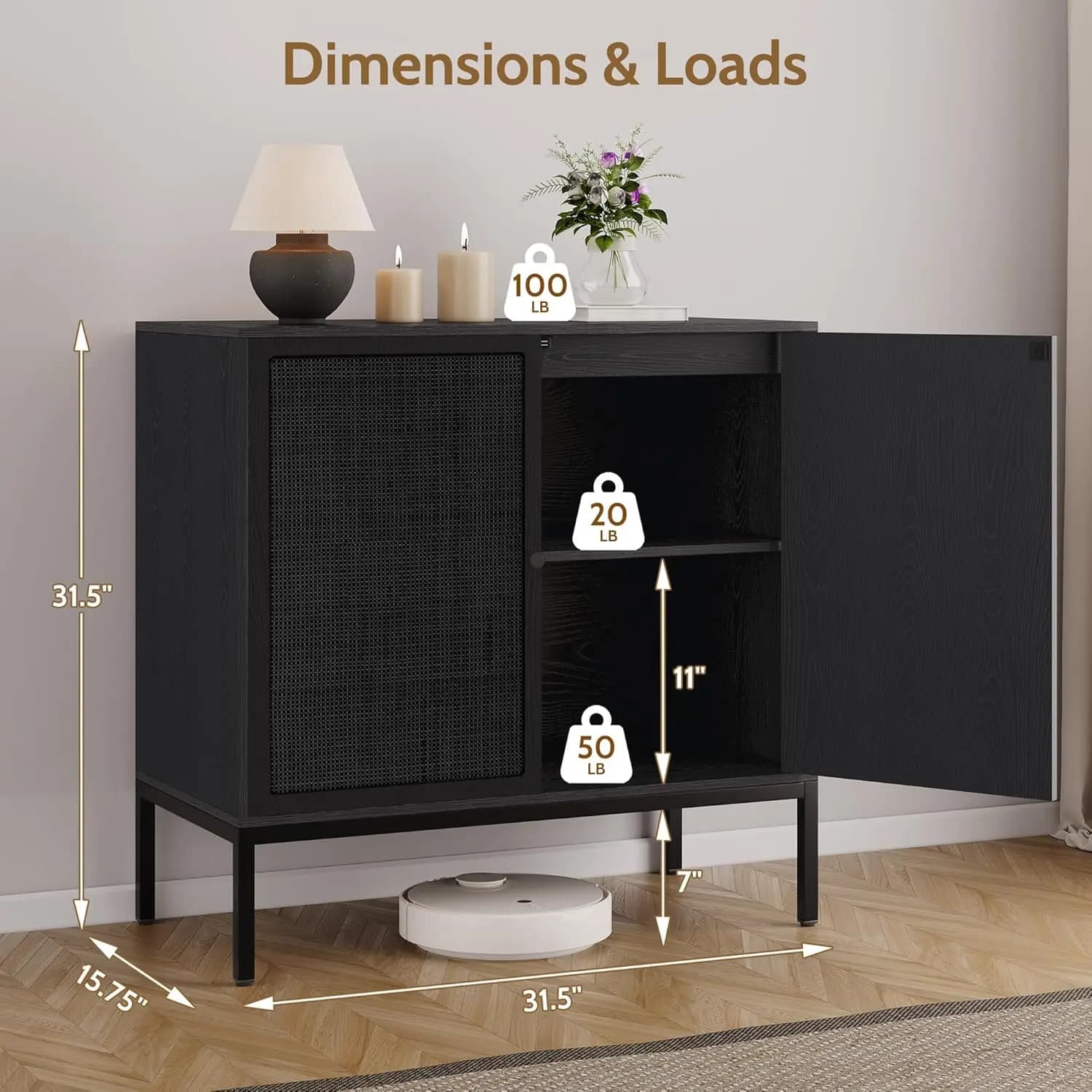 Credenza in Rattan Nero con Ante in Rattan e Gambe in Metallo, Mobile Contenitore per Soggiorno, Ingresso, Cucina, Personalizzabile