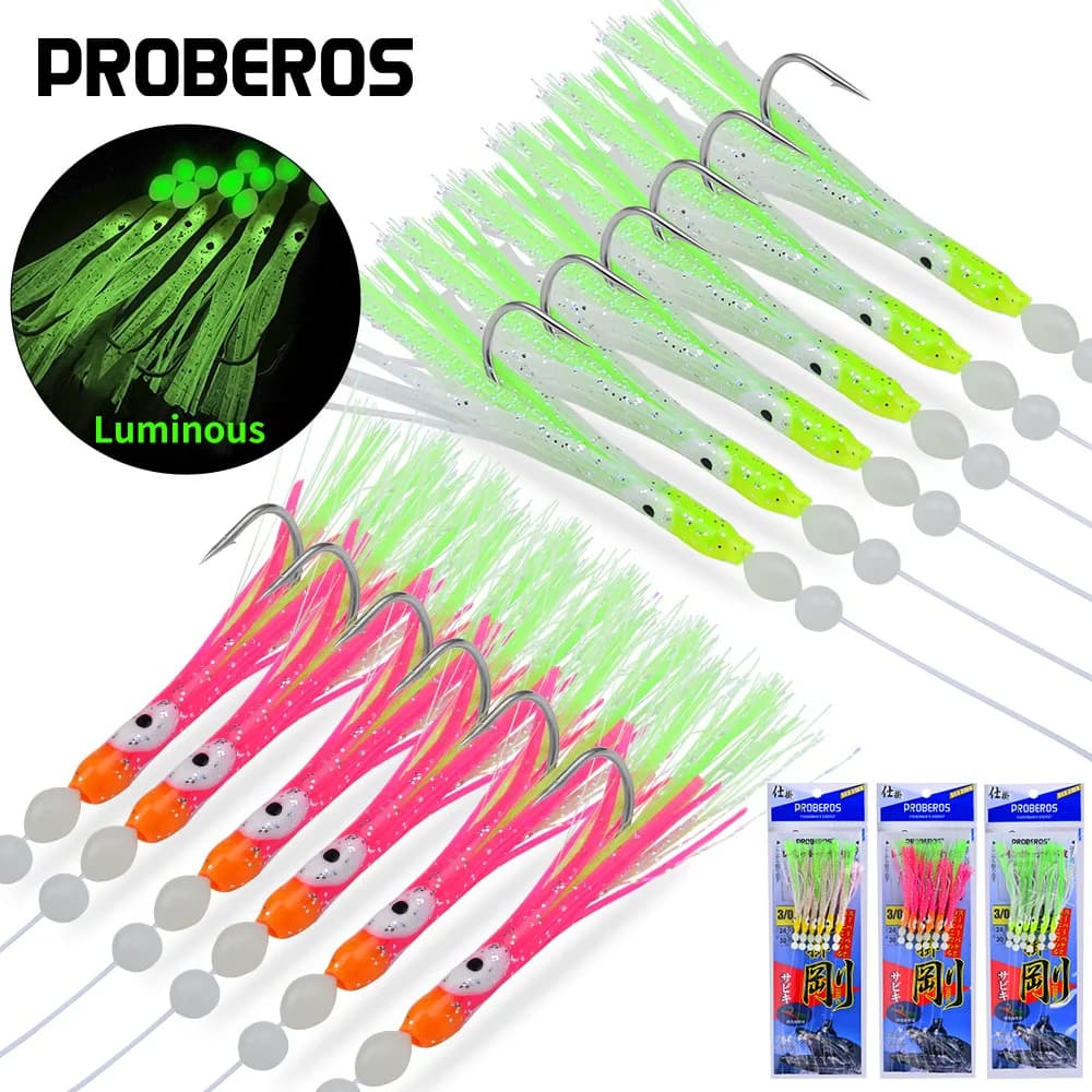 Proberos Set di 6 Ami da Pesca Luminosi per Calamari con Esche a Stringa, Rig Luminosi per Pesca Notturna