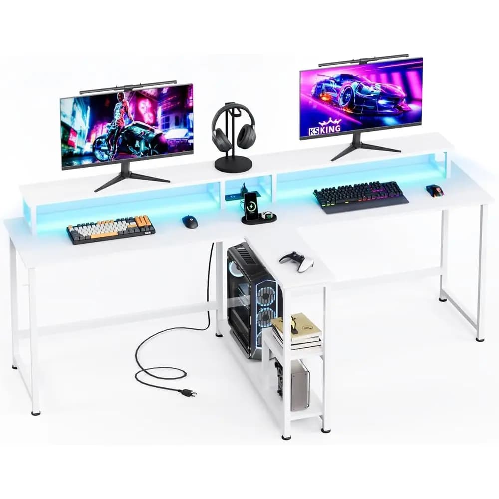 83.7 Dual-Person Gaming Desk with Charging, LED Lights, Monitor Stand, and Shelves - White