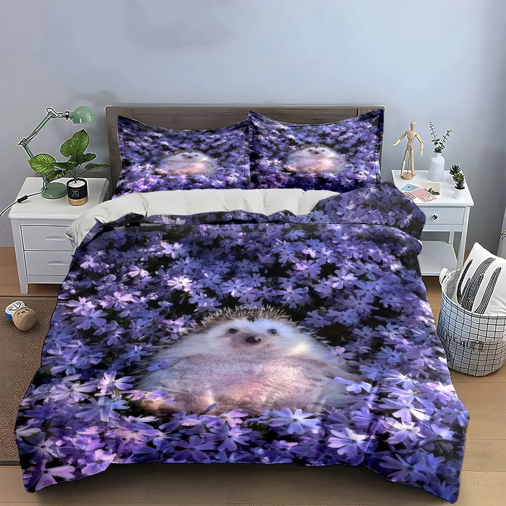 Set di biancheria da letto Hedgehog Floral Decor Set con 1 copripiumino e 2 federe, singolo, matrimoniale, king size, queen size, regalo