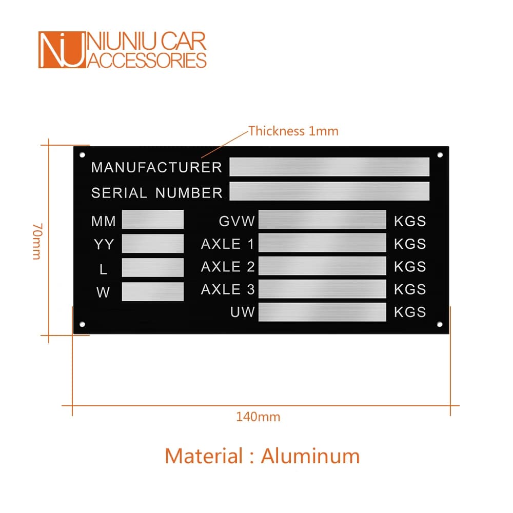 Aluminum trailer weight plates for caravan campers - Blank or engraved options - Min-Digger Vin chassis parts flat