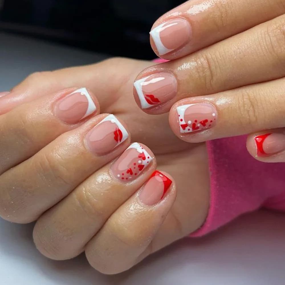 24 pieces tip for French white fake nails with love design fake short square nails Valentine's ballet print on nails manicure simple