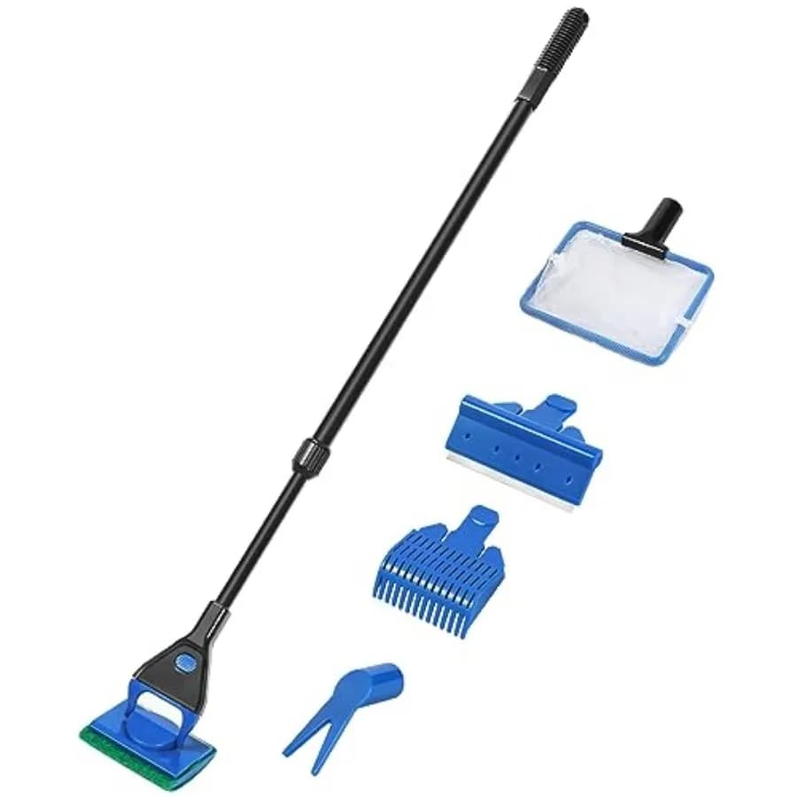 Kit di Pulizia per Acquario con Manico Lungo Regolabile, Set 5 in 1 con Rete per Pesci e Raschietto per Alghe