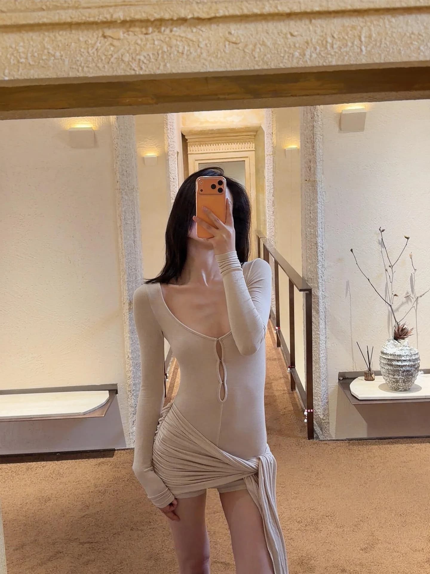 Women's sexy outfit with cut-out and belt, short high waist pants, long sleeved underwear for fall/winter