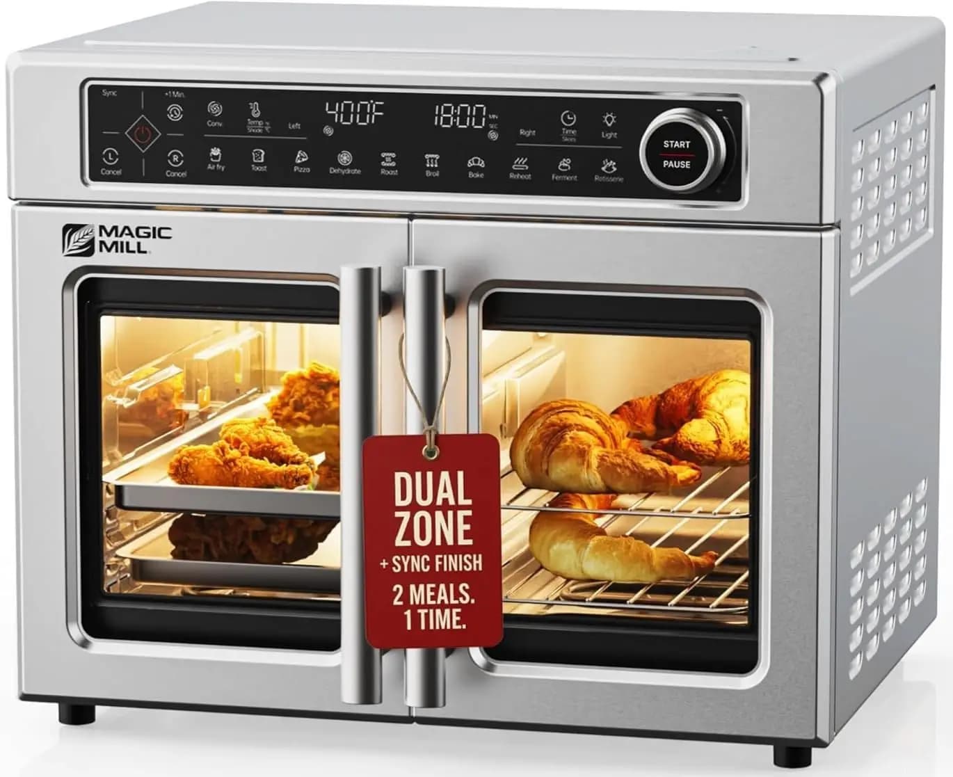High-End Dual-Zone Stainless Steel Air Fryer Toaster Oven Combo, 32-Quart Extra-Large French Door Convection Oven with Cutting-E