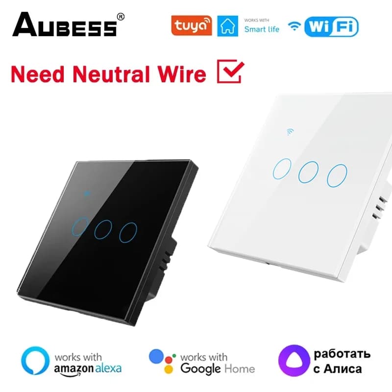 Aubess WiFi Smart Switch 1/2/3/4 Gang EU Light Switch requires neutral wire Tuya Smart Life APP Control works with Alexa Google Home