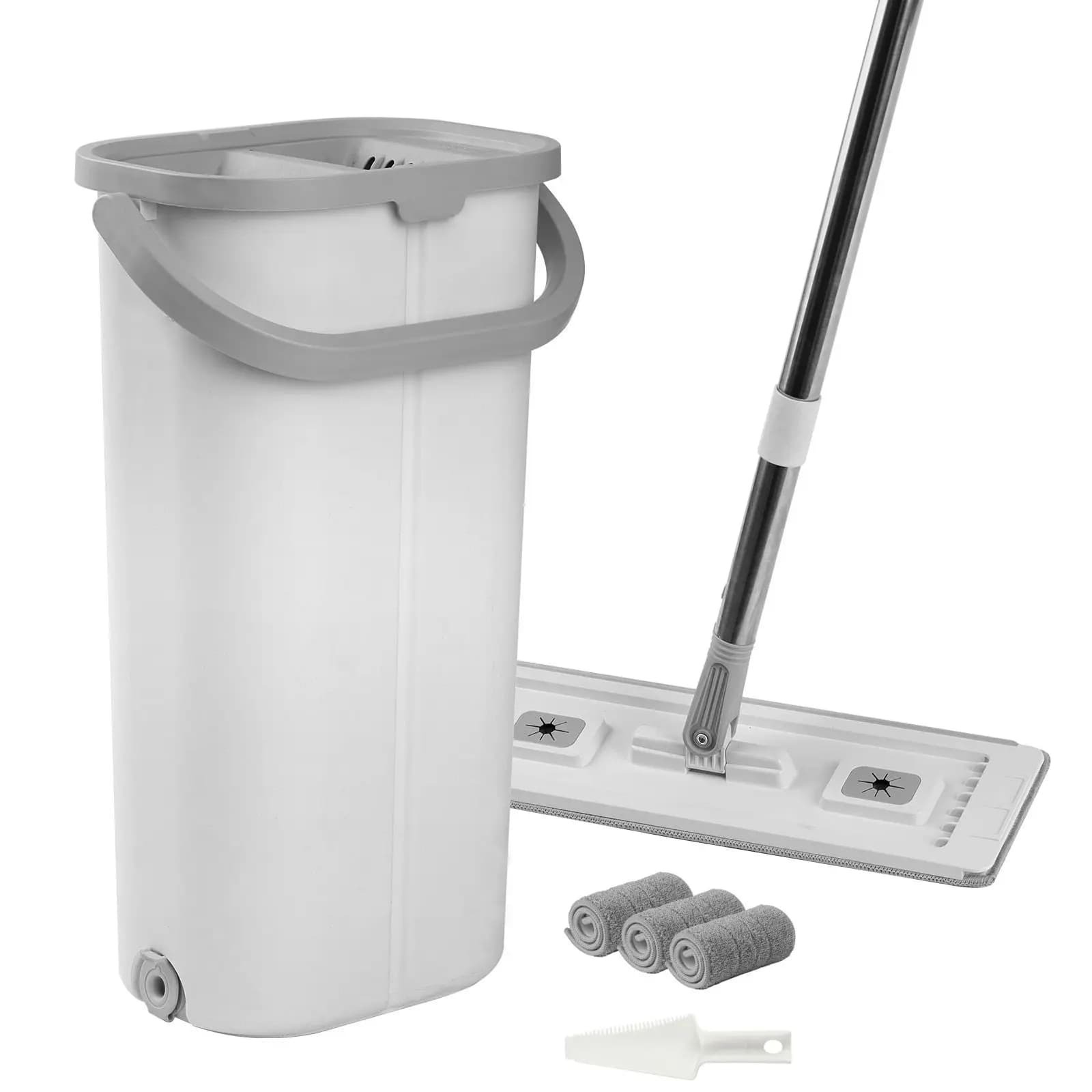 Set Mop Piatto e Secchio con Strizzatore per Uso a Secco e Bagnato, 3 Panni in Microfibra, Manico in Acciaio Inossidabile per Pavimenti in Legno, Piastrelle e Vinile