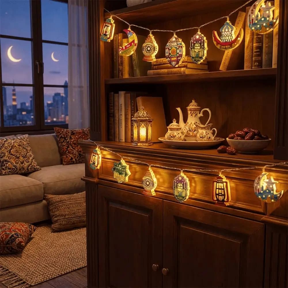 Luci a Stringa LED 10/20 per EID Mubarak, Illuminazione Colorata, Lampada a Olio LED in Ferro Battuto, Lampada a Batteria a Forma di Luna, Stella e Castello
