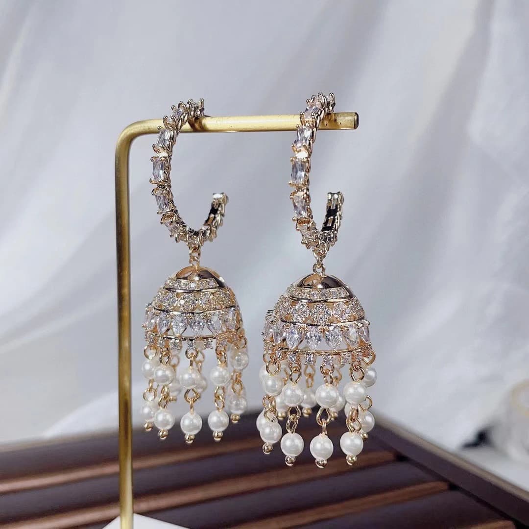 Fashion Wind Chimes Pearl Tassel Earrings Luxury Cubic Zirconia Women Jewelry Anniversary Gifts Wedding Drop Earrings