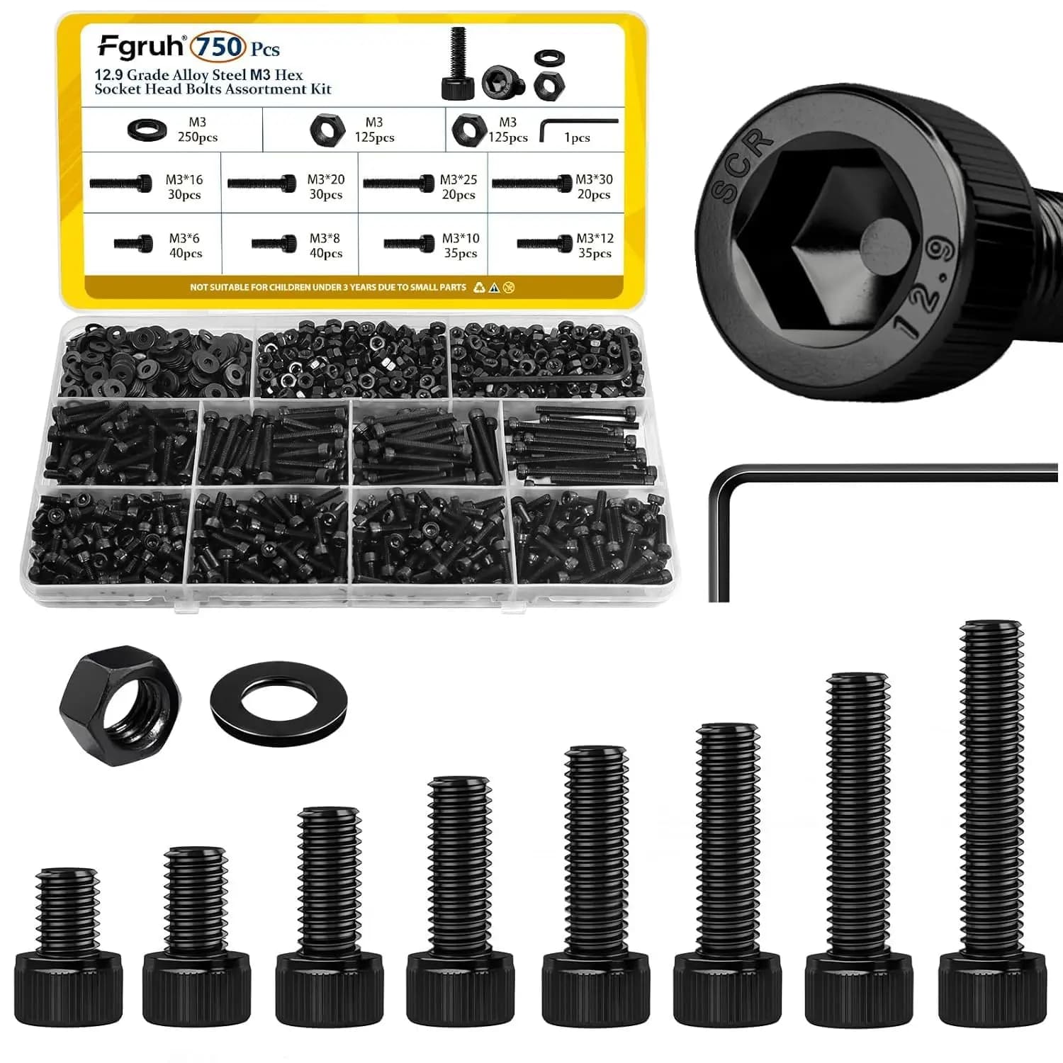 Kit Assortito di Viti M3, Bulloni a Testa Esagonale con Dadi e Rondelle, 8 Lunghezze per Stampanti 3D e Progetti Fai-da-Te
