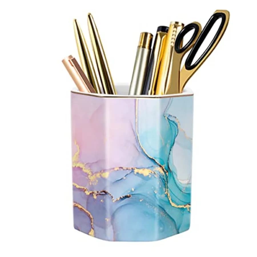 Portapenne in Ceramica Effetto Marmo, Grazioso Portaoggetti per Ufficio, Porta Pennelli Trucco per Ragazze e Donne, Verde Colorato