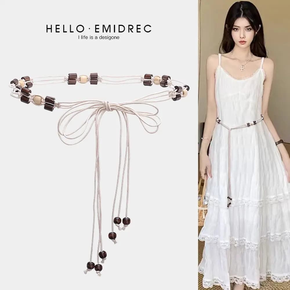 Waist rope tie women;s thin belt decorative dress waist with skirt ethnic style off-white waist chain
