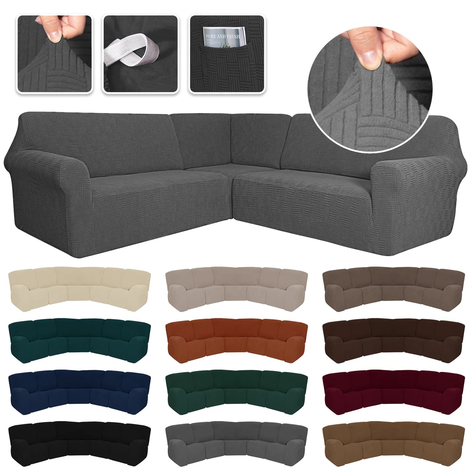 Jacquard Corner Cover 5 Seat Rearable Seat Cover with Washable Elastic L Shaped Set of 7 Pieces Decor for Sofa
