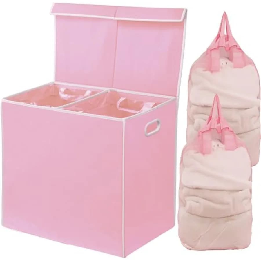 Double basket with lid and removable bags, pink