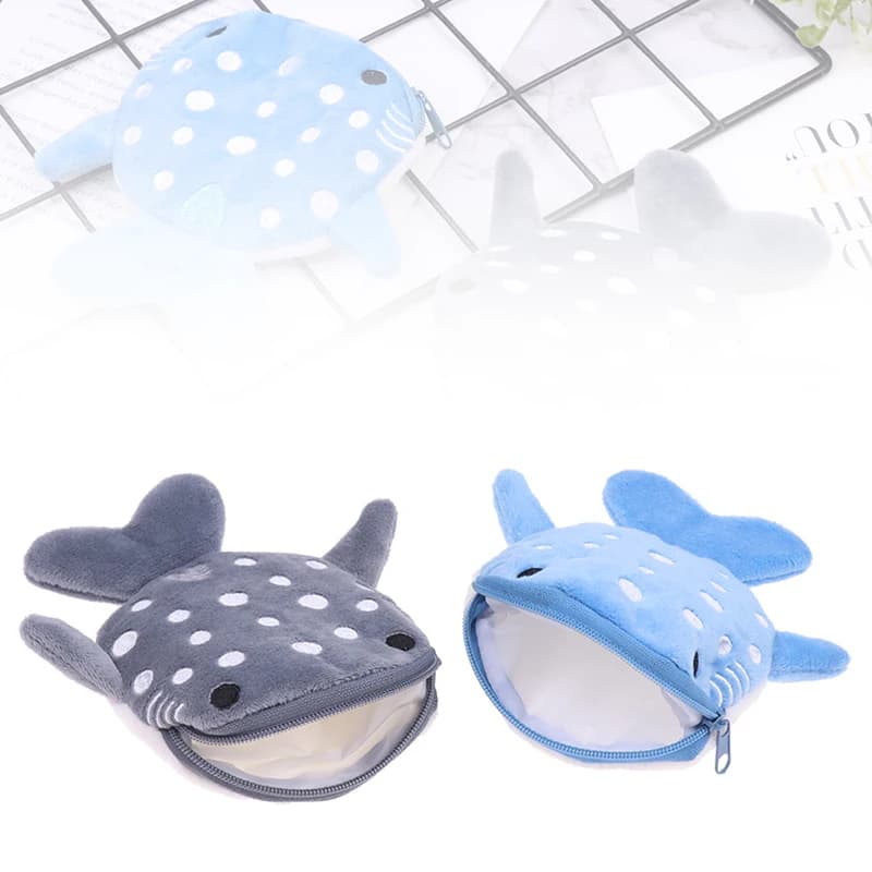 Simpatico portamonete con mini balene di squalo blu, portamonete in peluche con cerniera, portamonete piccolo da donna, borsa per chiavi e auricolari