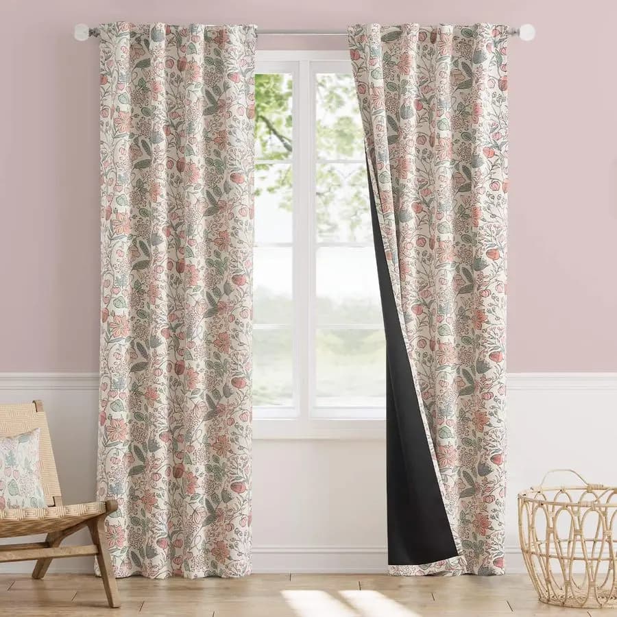 Pink Curtains for Kids Room, 100% Dark Curtains with Easter Floral Patterns, Length 84 Inches, Curtains Style Farm for Bed Bedroom