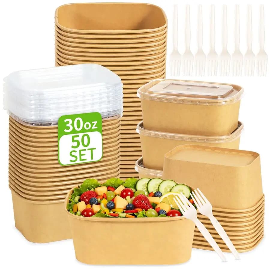 Containers for the preparation of meals from 30oz, disposable kraft paper bowls with lids and forks, resistant and compostable takeaway food containers.