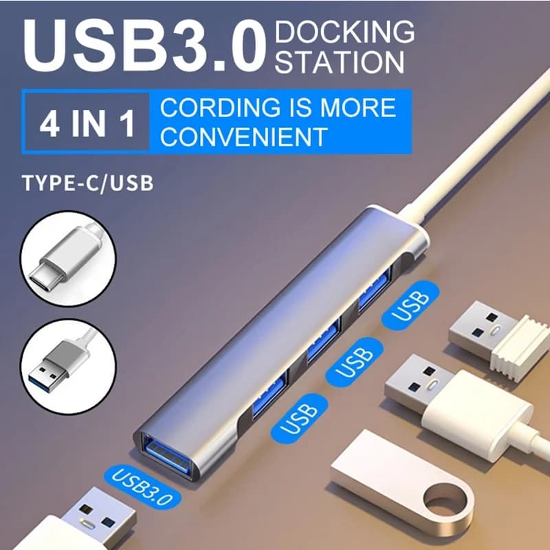 Hub USB 3.0 a 4 porte, splitter tipo C, adattatore multiporta da 5 Gbps per PC, MacBook, Samsung, Xiaomi, notebook, accessori per computer
