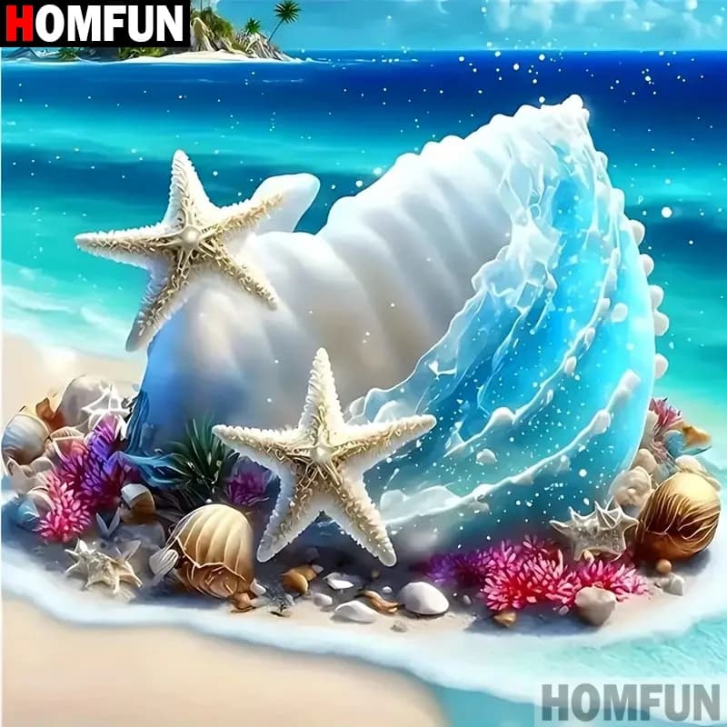 HOMFUN Diy 5d Diamond Painting "Scenery Shells Beach" Cross Stitch Square Round Diamond Embroidery Handwork Rhinestone Art
