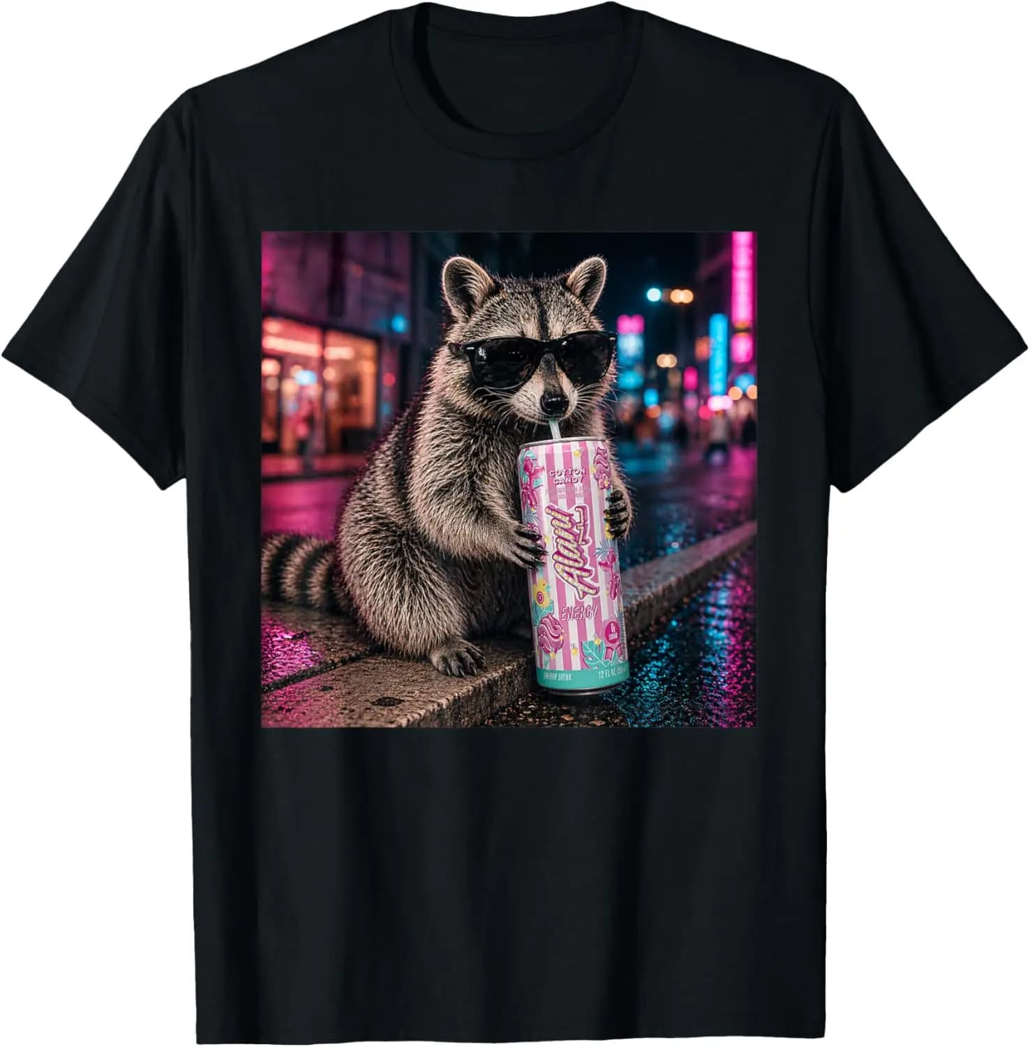 Funny Raccoon Cotton-Candy Drink Animal Meme Graphic T-Shirt Women's and Men's, Fashion, New Products, Holiday Gifts, Creative, Unique Prints, Comfortable