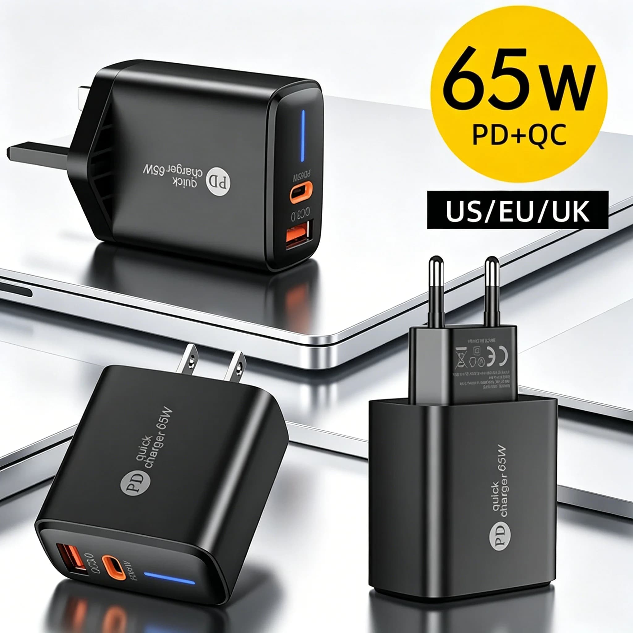 Caricatore USB da 65 W PD Caricatore da muro per telefono cellulare a ricarica rapida Adattatore di alimentazione Quick Charge3.0 Spina EU/US/UK per iPhone Samsung Xiaomi