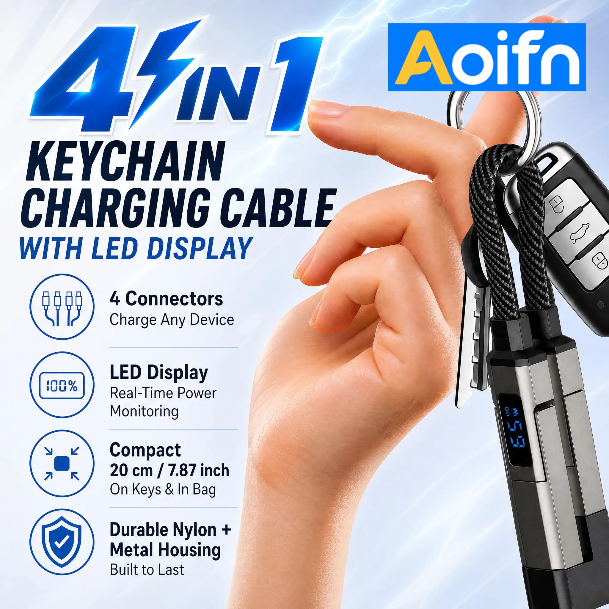 Aoifn 4 In 1 Charging Cable, Keychain USB C Fast Charging Cable with LED Power Display, Portable Multi Cable for Phone Tablet