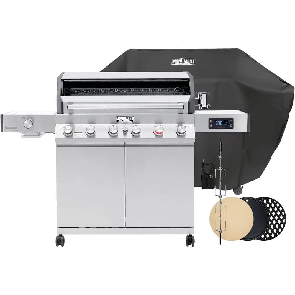 6+1 Burner Smart Propane Gas Grill, 605Pro StainlSteel Grill 78,000 Outdoor Barbecue Grill with Side Burner, Pizza Stone, Round