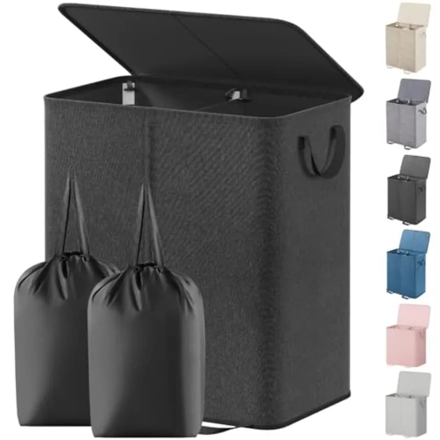 Double basket with cover and removable bags, large, folding, with 2 dividers, for dirty clothes, with handles