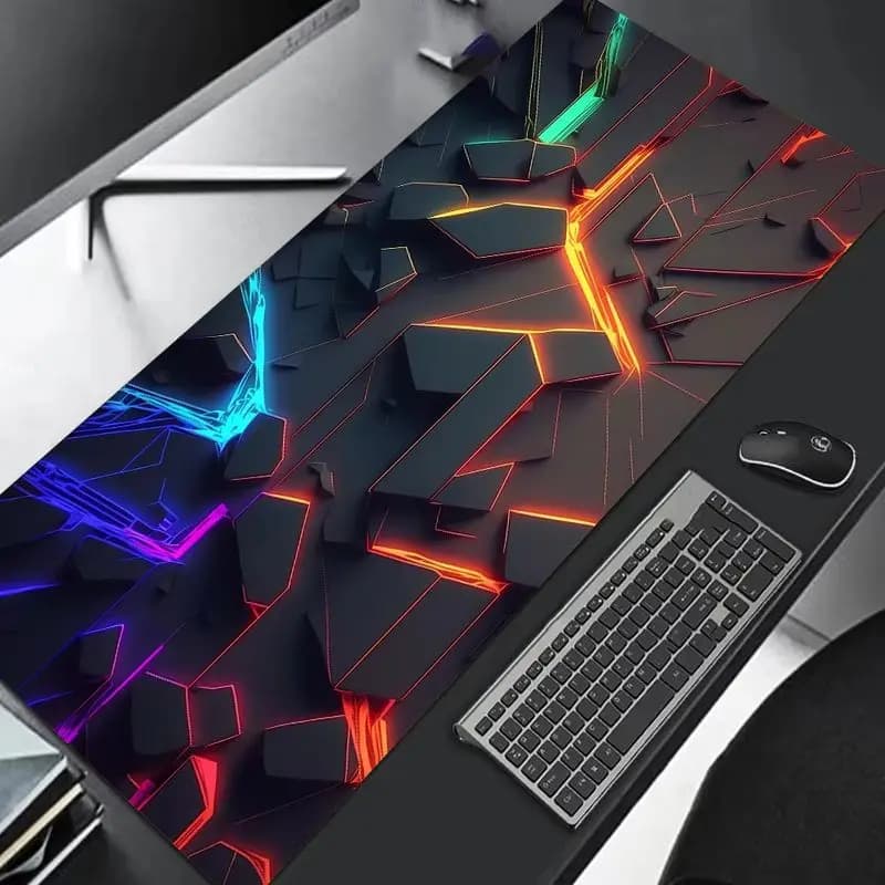 VIKAMA Black Neon Broken Rock Tech XXL Desk Mat Anti Slip Waterproof Colorful RGB Geometric Keyboard Mouse Pad Gaming Room Decor