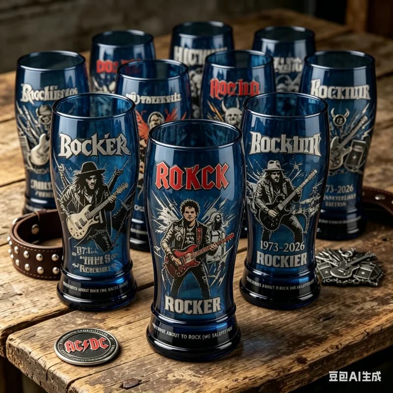 Bicchiere da Birra RURUYA AC/DC Edizione 53° Anniversario Blu, Bicchiere da Collezione Ispirato alle Band Rock, Design Vintage con Chitarra e Catena