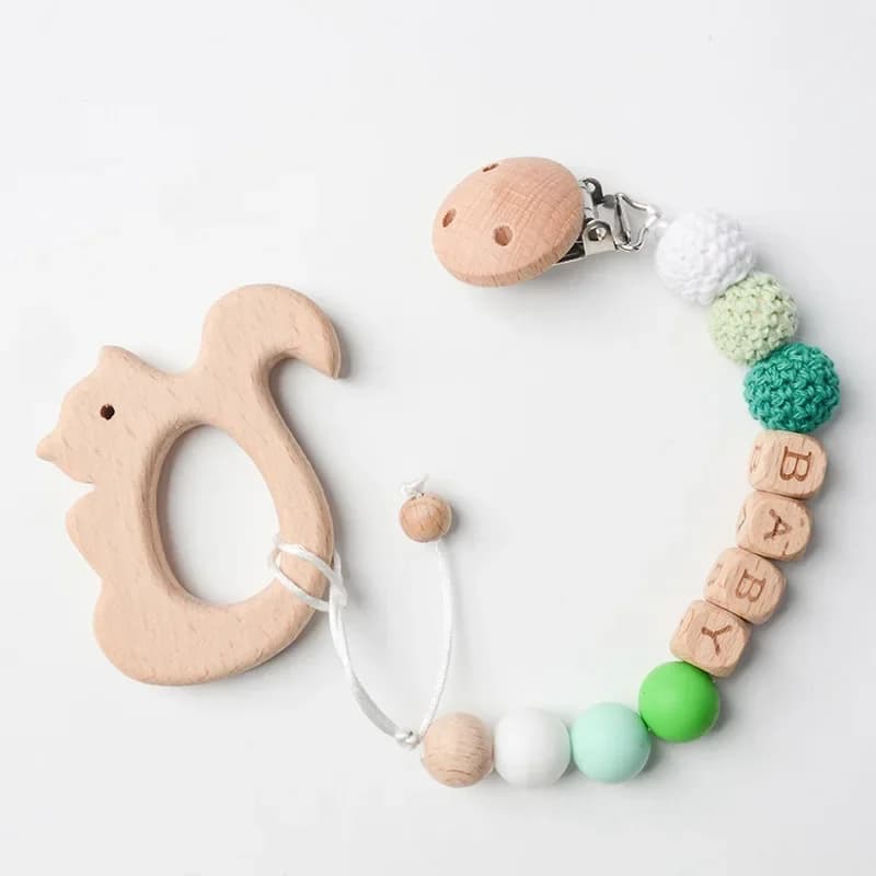 Kit casual per la dentizione del bambino all'uncinetto Massaggiagengive in legno di faggio con clip anti-perdita Set fai da te per sonaglio in filato di cotone naturale per neonato