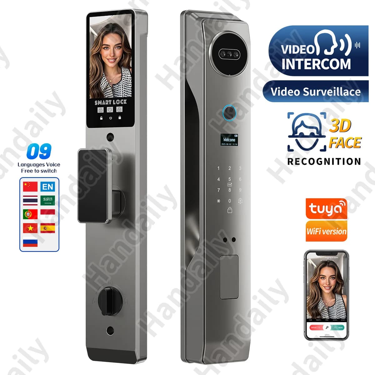 Handaily Tuya Wifi Smart Lock con fotocamera Videocitofono multilingue Riconoscimento facciale Smart Door Lock per cancello