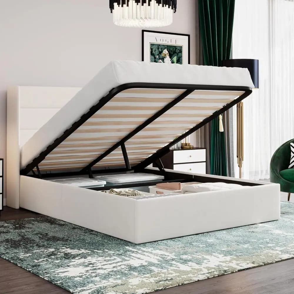 Queen Size double bed illuminated with container, upholstered in velvet, with high back headboard, padded platform, hydraulic container, without need of spring net