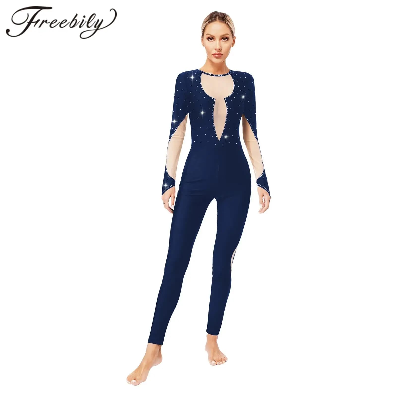 Women's Ballet Dance Bodysuit Gymnastics Jumpsuit Leotards Long Sleeve Sheer Mesh Patchwork Figure Skating Performance Costume