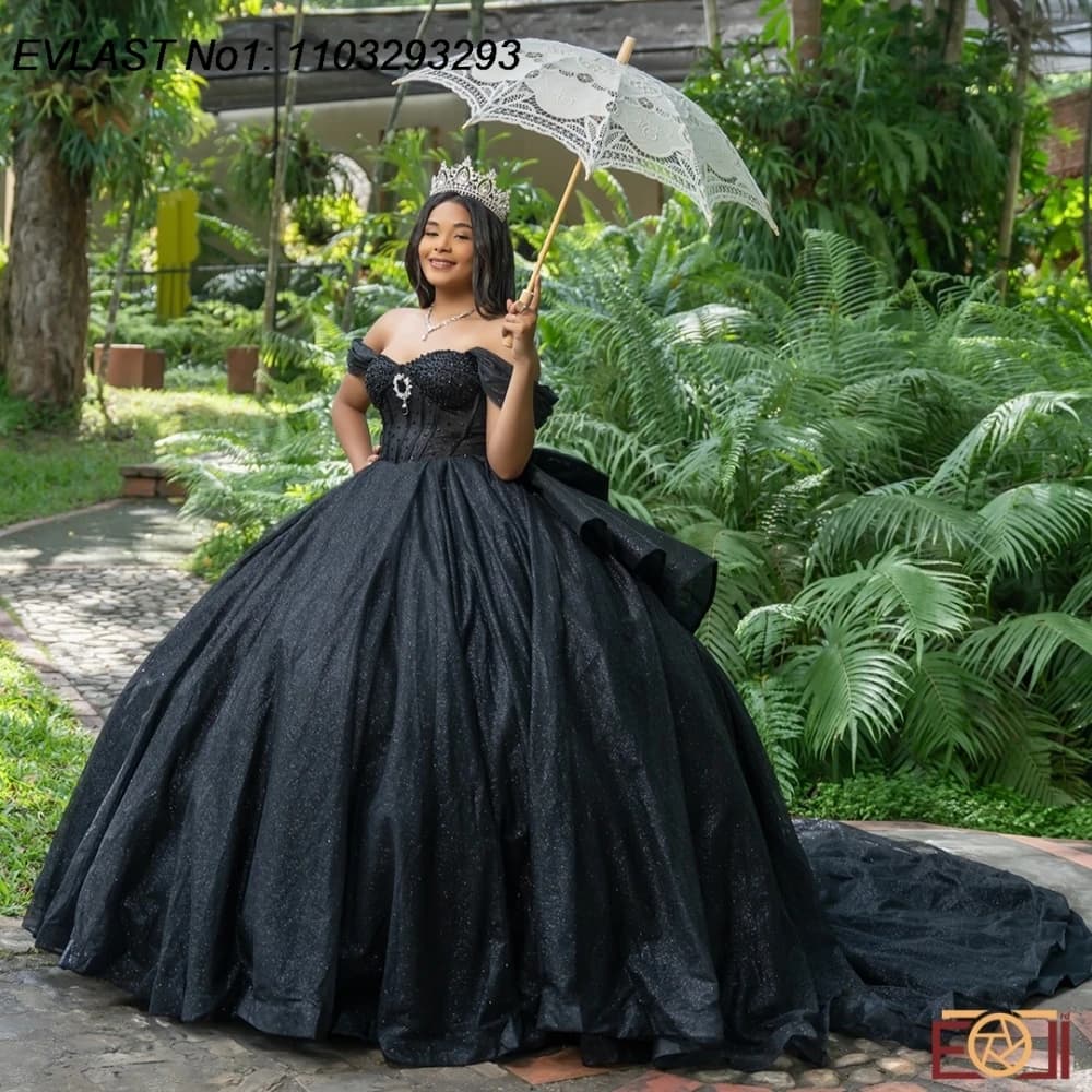 EVLAST Personalizzato Nero Lucido Abito Quinceanera Abito di Sfera Applique Corsetto di Perline di Cristallo Dolce 16 Abiti Da 15 Anos E1QN641