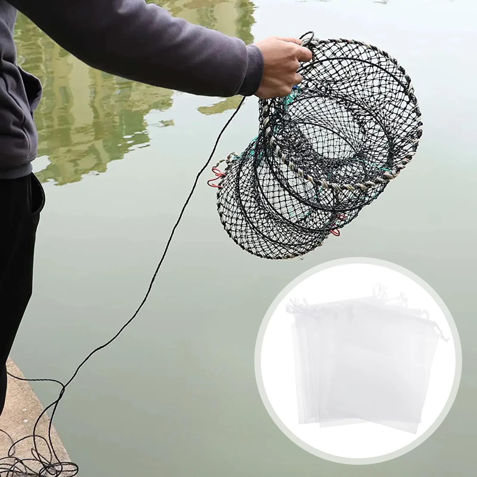 10 Sacchetti in Tessuto Non Tessuto Bianchi con Coulisse per Esche da Pesca, Strumento per Attirare Pesci, Gamberetti e Calamari