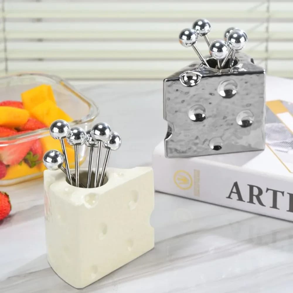 Ceramic Cheese Fruit Fork Cute Salad Fork Storage Jar Stainless Steel High-end Fruit 4pcs Forks Set Tableware for Home Hotel