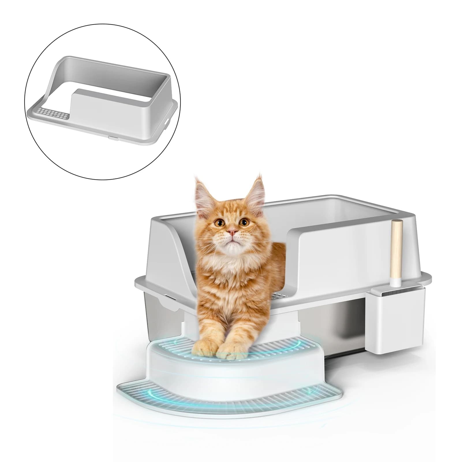 Cat Litter Box for Home 30L Semi Enclosed Cat Litter Box with Footboard and Scoop Stainless Steel Litter Box Plastic Walkway
