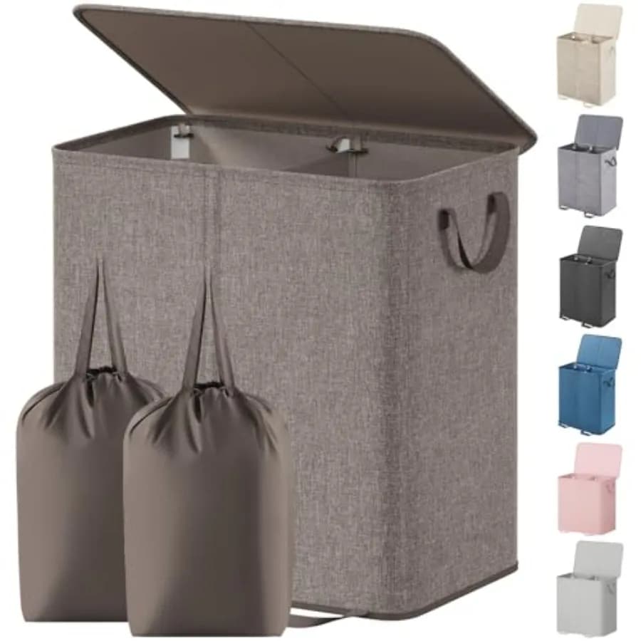 Double Laundry Hamper with Lid and Removable Laundry Bags, Large Collapsible 2 Dividers Dirty Clothes Basket with Handles for B