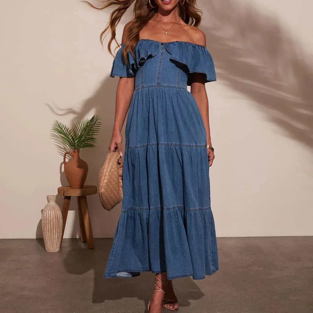 Abito in Denim alla Moda con Collo Tondo, Bordo Arricciato e Ampio Pendolo Nuovi Abiti Lunghi Patchwork per Donna in Primavera ed Estate