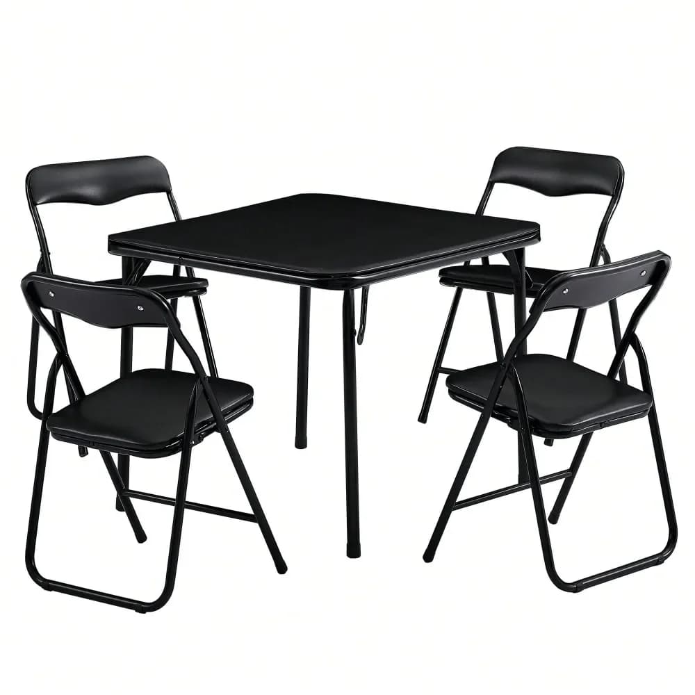 Set Tavolo da Gioco Pieghevole con 2-4 Sedie Imbottite Morbide, Tavolo da Scacchi/Carte con Struttura in Metallo e Piano in Plastica per Interni ed Esterni, Nero