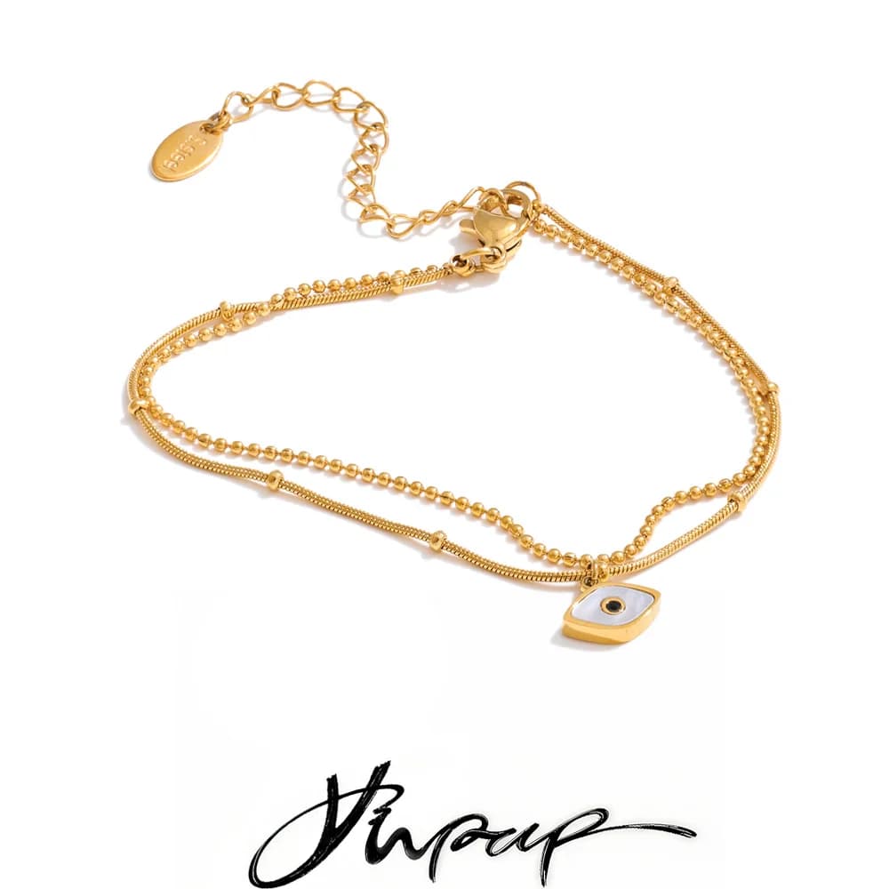 Yhpup Stainless Steel Double-Layer Shell Turkey Eye Chain Bracelet Bangle 18K Golden PVD Plated Fashion Trendy Wrist Jewelry