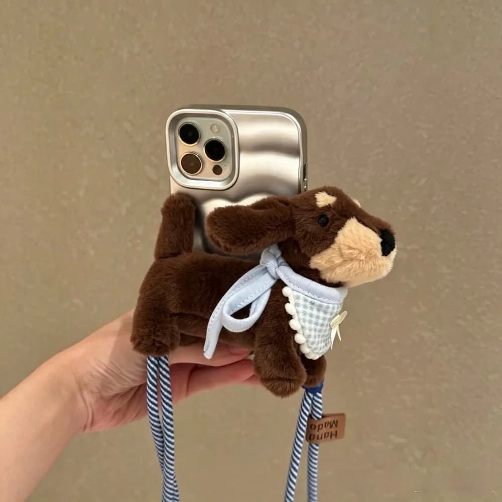 Cute Cartoon Dachshund Plush Doll Phone Strap, Crossbody Phone Lanyard with Back Clip, Multi‑Purpose Phone Stand Decor Accessory