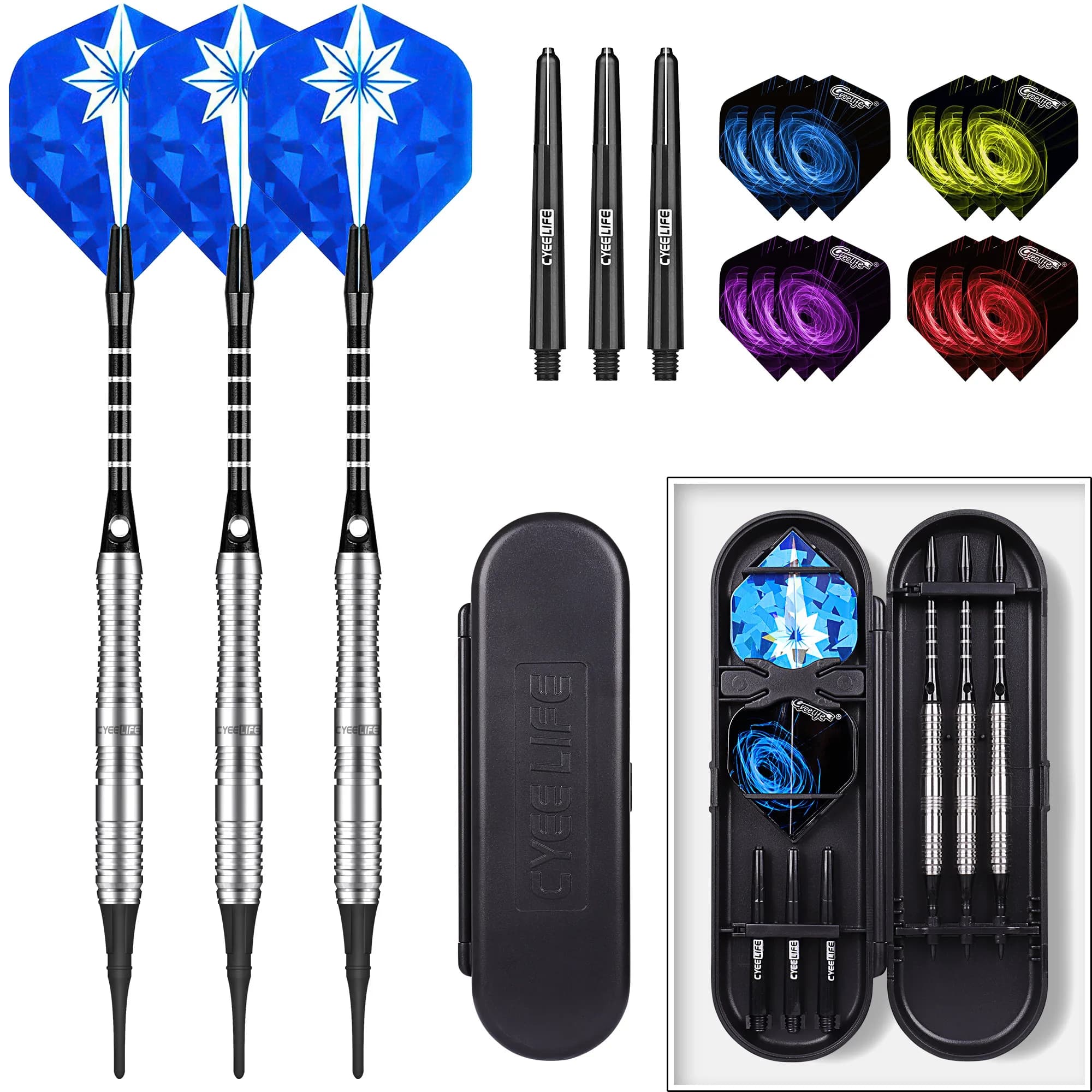 CyeeLife 18g Freccette professionali con punta morbida al 90% di tungsteno con custodia, 3 punti di plastica + 15 voli + 3 aste in alluminio + 3 alberi per PC